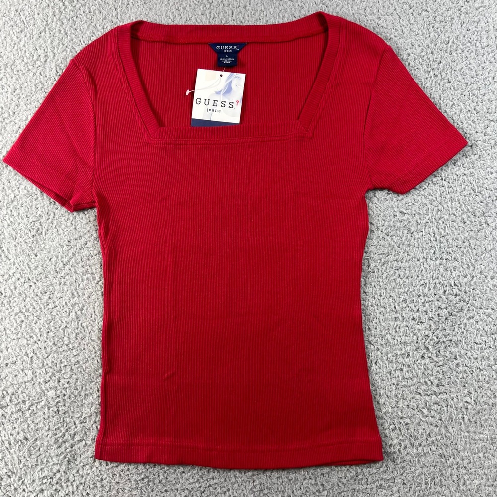 Guess Ribbed Knit Top Juniors L Red Square Neck Short Sleeve VTG NWT